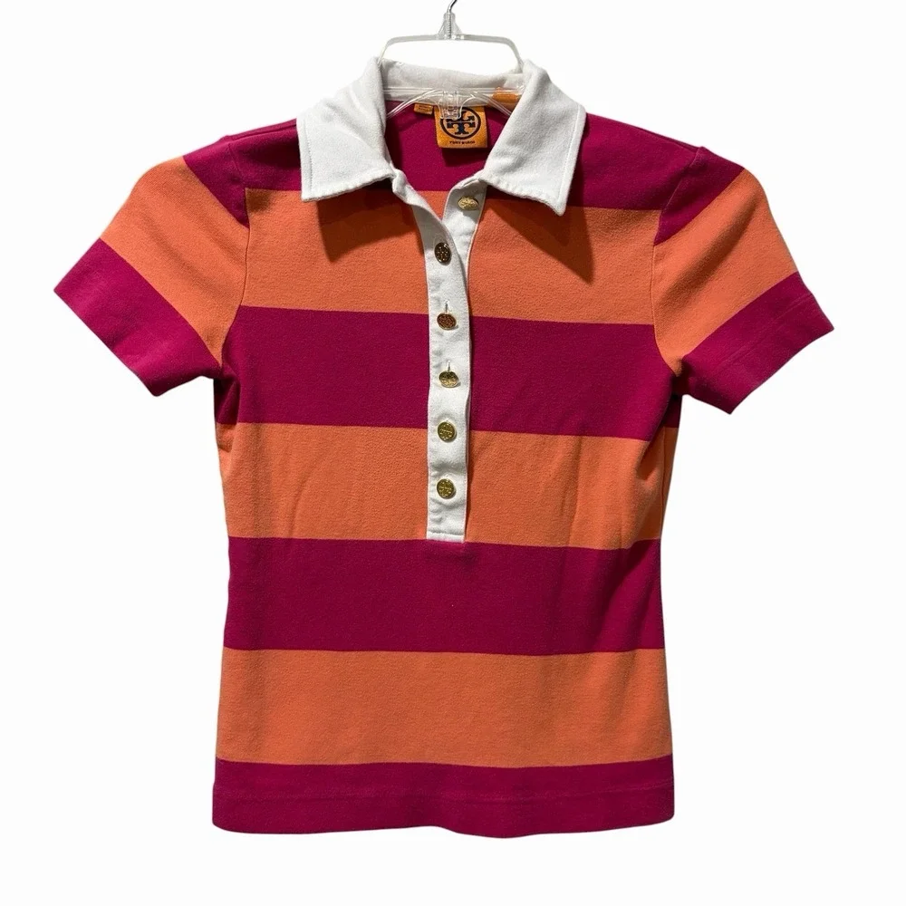 Tory Burch pink and Orange striped‎ polo tee Small Gold Buttons Cotton Preppy